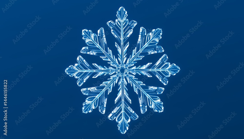 Delicate Detailed Snowflake Macro Isolated on Blue Background Perfect for Winter Holiday Season and Decoration with Intricate Geometric Design Emphasizing Natural Patterns