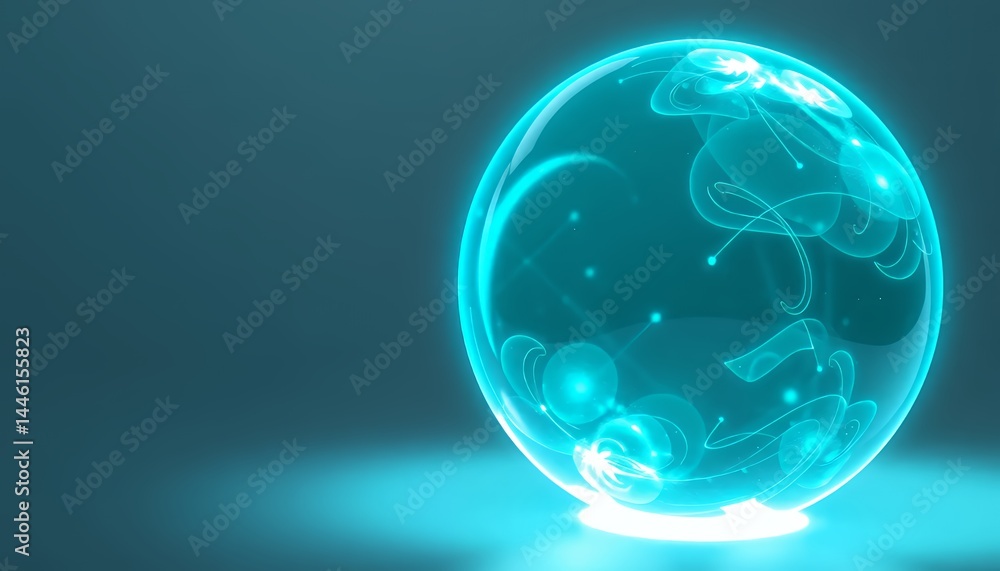 Cyan Spherical Design Radiating a Soft Glow in an Abstract Geometric Pattern Representing Future Technologies for Decorative Purposes with Smooth Luminous Lighting