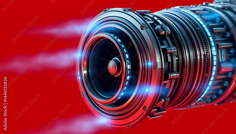 Detailed 3D Render of Jet Engine Against Red Backdrop with Blue Light Aviation Theme Suitable for Technical Presentations and Modern Decoration
