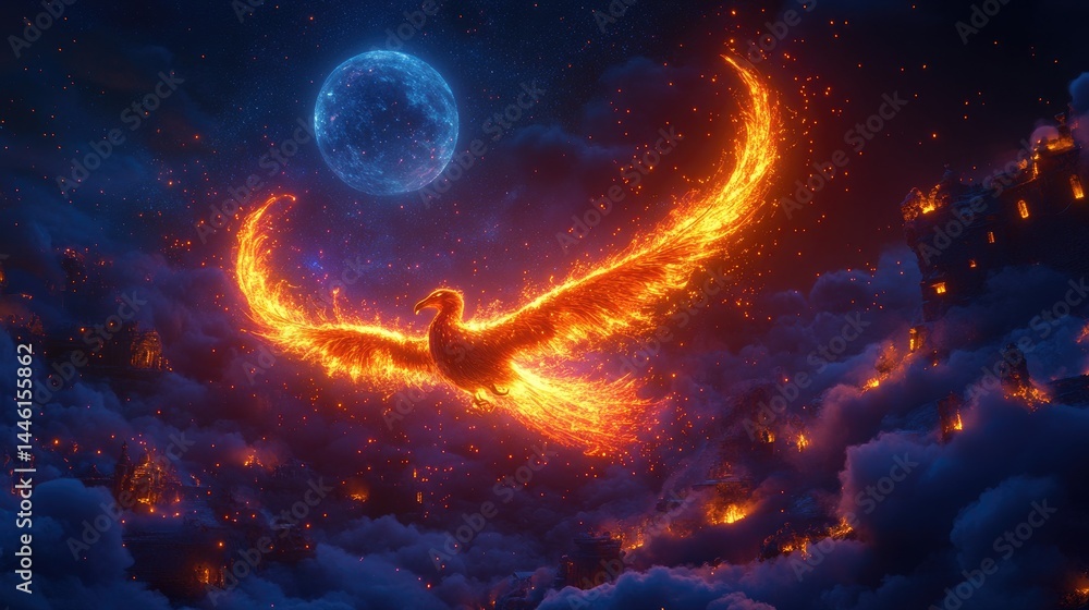 Obraz premium Fiery celestial bird soaring through a night sky.