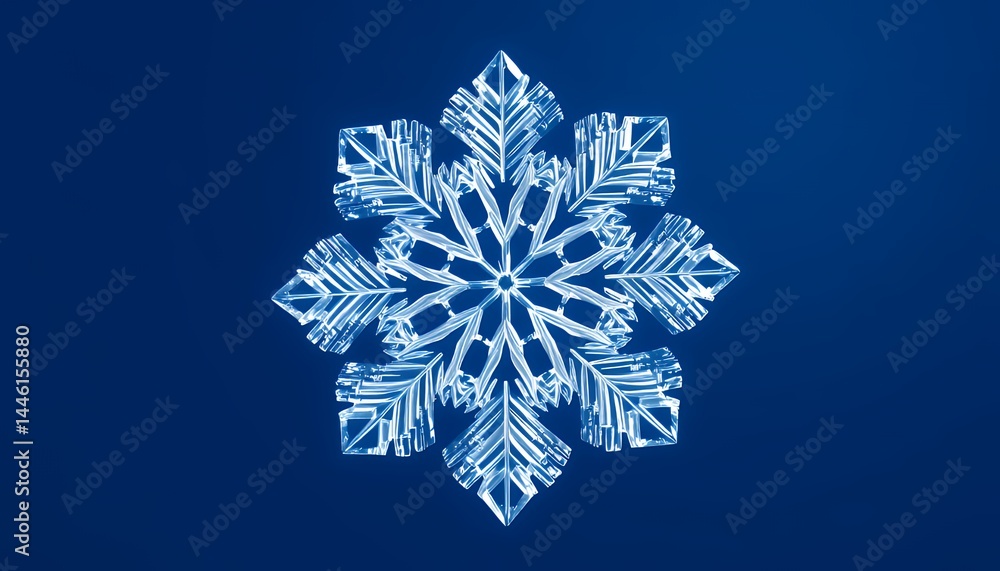 Detailed Geometric White Snowflake on Deep Blue Backdrop for Winter Holidays Decoration Season