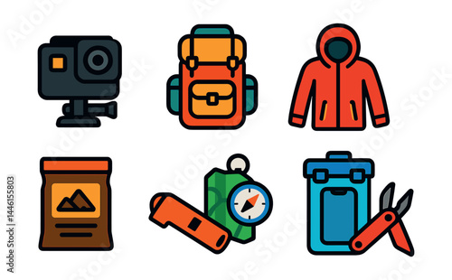 Flat vector icons of adventure travel gear: action camera, hiking backpack, weatherproof jacket, map compass combo, trail snacks pouch, emergency whistle, waterproof case, multi-tool icon.