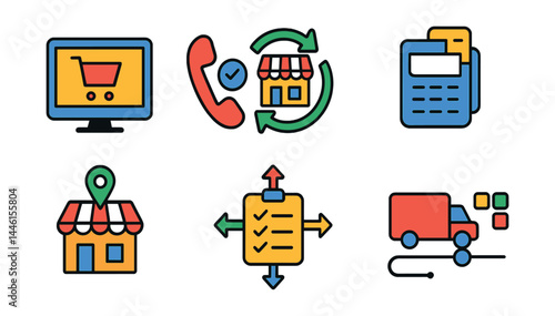 Flat vector icons of multi-channel logistics: online order icon, phone-in order, marketplace sync icon, POS integration icon, retail pickup sync, centralized order hub, unified logistics channel,