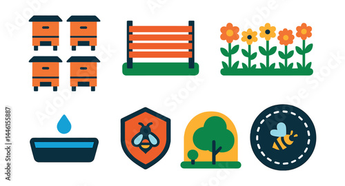 Flat vector icons of apiary layout and setup: multiple hive layout icon, wind barrier fence, hive stand row, wildflower border, water source tray, apiary gate badge, shaded area symbol, bee flight