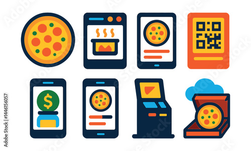 Flat vector icons of pizza and technology: smart oven app, online order tablet, QR code menu, digital tip jar, mobile pizza tracker, self-checkout kiosk, cloud kitchen pizza, AI flavor picker.