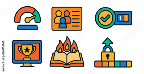 Flat vector icons of educational gamification dashboards: XP tracker meter, student leaderboard icon, challenge complete badge, team points scoreboard, trivia win icon, knowledge challenge streak,