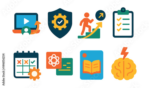 Flat vector icons of lifelong learning: self-paced course icon, career skill badge, personal growth path, certification tracker, habit-building icon, cross-skill integration, learning for fun card,