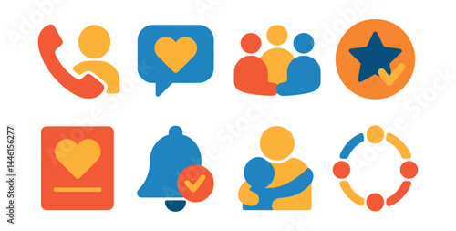 Flat vector icons of support systems and connection: friend call icon, support message bubble, peer support group, trusted contact badge, share feelings card, check-in reminder, virtual hug icon,