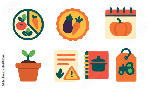 Flat vector icons of vegetarian lifestyle tips: balance your plate chart, try new vegetables badge, eat seasonally icon, grow your own food pot, minimize processed foods sheet, cook from scratch