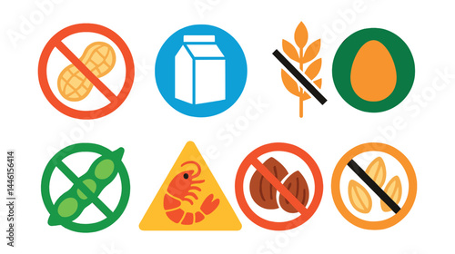 Flat vector icons of common allergen symbols: peanut crossed-out icon, dairy-free badge, no gluten symbol, egg-free label, soy-free stamp, shellfish warning sign, tree nut alert icon, sesame