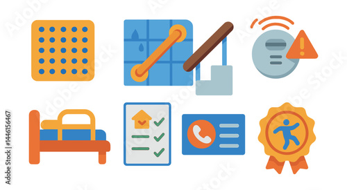 Flat vector icons of home safety and adaptations: non-slip mat icon, grab bar in shower, stair rail upgrade, smoke detector with alert, bed rail for seniors, home safety checklist, emergency contact