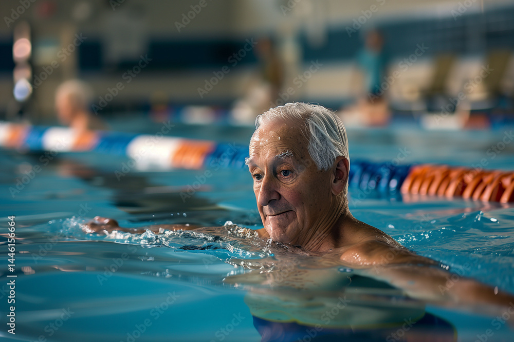 An elderly man is gracefully swimming in a large swimming pool. Generative AI