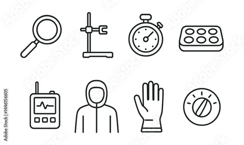 Line style icons of scientific tools: magnifier glass, clamp stand, stopwatch icon, sample tray, data logger, cleanroom suit, sterile glove, control dial.