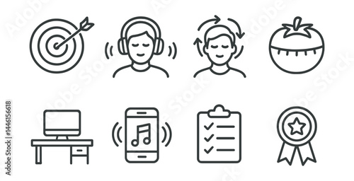Line style icons of productivity boosters: goal tracker, deep work, flow mode, Pomodoro timer, clean desk, focus playlist, task batching, reward badge.
