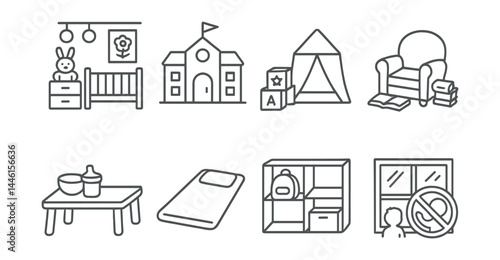 Line style icons of childcare environments: nursery room, daycare center, play corner, reading nook, snack table, nap mat, cubby shelf, window safety.