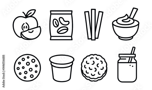 Line style icons of healthy snacks: apple slice, nut bag, veggie sticks, hummus dip, energy ball, yogurt cup, rice cake, smoothie jar.