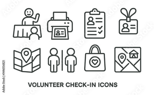 Line style icons of volunteer check-in: welcome station, badge print, attendance sheet, name tag, orientation map, group split, volunteer kit, booth location.
