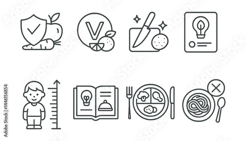 Line style icons of nutrition and health: food safety, vitamin icon, clean prep area, nutrition tip card, child growth, health recipe, balanced portion, mealtime rule.
