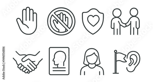 Line style icons of violence prevention: safe hand, no abuse sign, helpline poster, peer protector, school agreement, trust adult, early flag, listen ear.