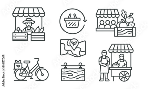 Line style icons of local consumption: farmer’s stand, shop local icon, community market, seasonal produce box, local delivery bike, regional product map, handcrafted sign, village vendor.