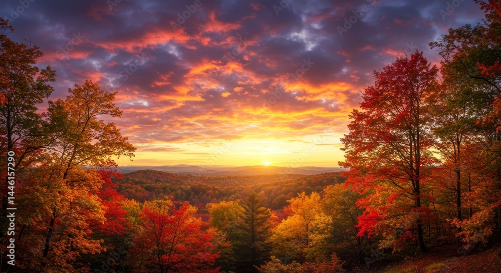 Fototapeta premium Autumn Sunset Over Colorful Forest - Serene autumnal landscape, vibrant sunset colors, fiery foliage, tranquil atmosphere, symbolic of change, beauty, and the season's end