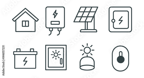 Line style icons of solar-ready designs: angled roof, inverter setup, solar panel mount, wiring path icon, battery storage box, solar-ready switchboard, daylight sensor, off-grid toggle.