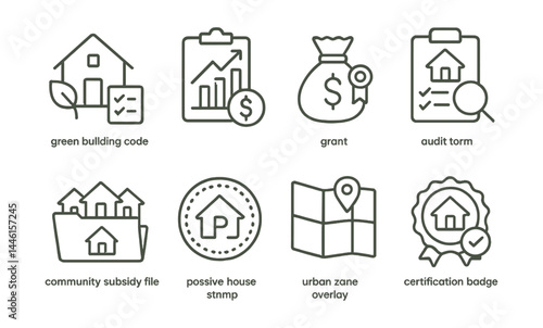Line style icons of housing policy for sustainability: green building code, retrofit incentive chart, grant icon, audit form, community subsidy file, passive house stamp, urban zone overlay,