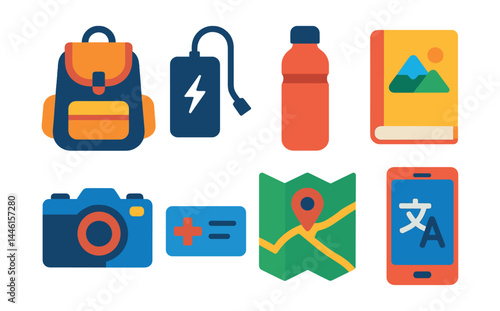 Flat vector icons of in-trip essentials: day backpack, portable charger, reusable bottle, destination guide, photo camera, emergency contact card, offline map, mobile translator.