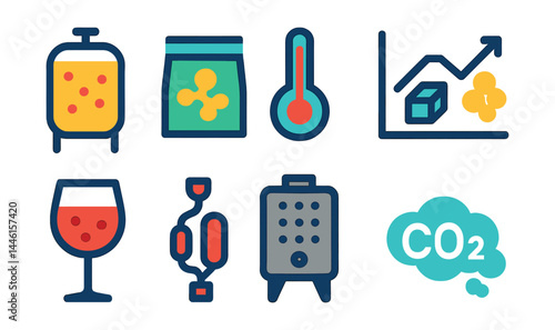 Flat vector icons of fermentation process: fermentation tank icon, yeast packet, temperature control gauge, sugar conversion chart, wine must icon, fermentation lock, stainless steel vat, CO₂ release