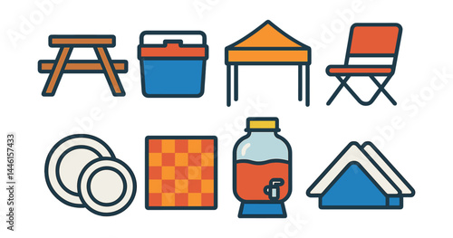 Flat vector icons of picnic and outdoor BBQ setup: picnic table icon, cooler box, canopy tent, outdoor chair, disposable plates, checkered tablecloth, drink dispenser, napkin holder.