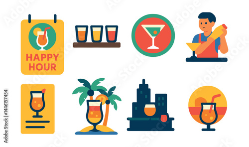 Flat vector icons of cocktail events and themes: happy hour sign, tasting flight with samples, cocktail party badge, bartending workshop icon, themed drink menu, beach cocktail night, rooftop bar