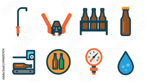 Flat vector icons of beer bottling and packaging: bottling wand tool, capper device icon, sanitized bottle rack, beer bottle with cap, labeling machine symbol, brown vs green bottle badge, pressure