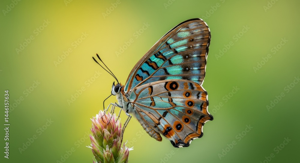 Naklejka premium Azure Beauty: Butterfly on Bloom - A vibrant butterfly rests delicately on a flower, symbolizing beauty, transformation, freedom, nature, and grace