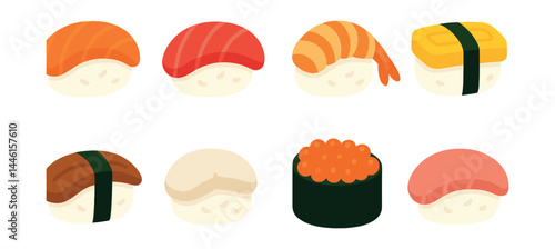 Flat vector icons of classic sushi types: nigiri with salmon, tuna nigiri, ebi shrimp nigiri, tamago egg sushi, unagi eel sushi, scallop sushi, ikura roe sushi, toro fatty tuna sushi.