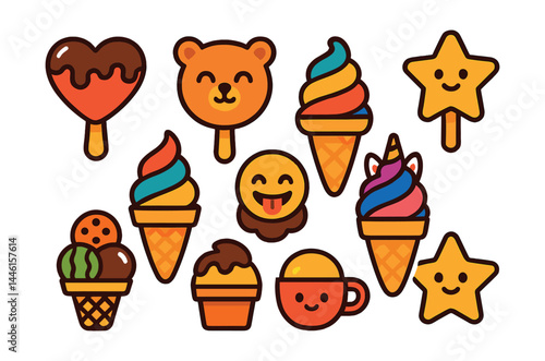 Flat vector icons of whimsical novelty shapes: heart-shaped ice cream, animal face popsicle, rainbow swirl cone, star-shaped treat, emoji ice cream icon, unicorn swirl cone, themed scoop designs,