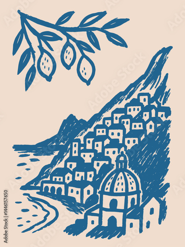 Amalfi coast village with lemons, brush sketch vector style