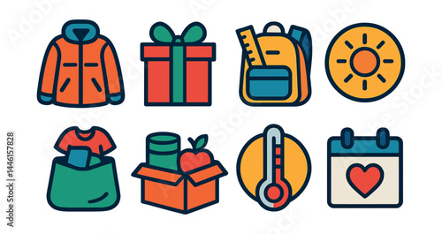 Flat vector icons of seasonal charity drives: winter coat donation icon, holiday gift box, back-to-school supply drive, summer relief fund badge, spring clean giving bag, food drive poster, seasonal