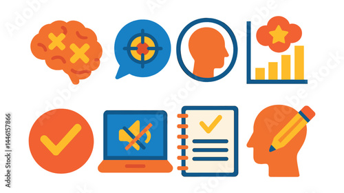 Flat vector icons of mental clarity and focus: brain declutter icon, focus bubble, quiet headspace badge, clear thoughts chart, single task symbol, digital noise blocker, clarity journal page,