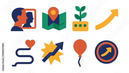 Flat vector icons of personal growth and recovery: daily reflection icon, self-discovery map, growth tracker vine, gentle progress arrow, healing journey path, breakthrough symbol, let go balloon,