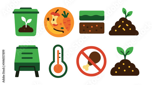 Flat vector icons of composting and organics: compost bin icon, food scraps badge, brown and green layers symbol, garden compost pile, home composter unit, compost thermometer, no meat rule sign,