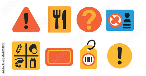 Flat vector icons of allergy alerts and labels: red allergy alert triangle, menu warning label, ingredient question mark, ask before eating card, allergen symbol grid, clear label icon, product scan