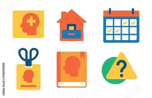 Flat vector icons of dementia and memory support: memory cue card, familiar item symbol, labeled drawer icon, routine calendar chart, name tag badge, memory book icon, gentle reminder sticker,