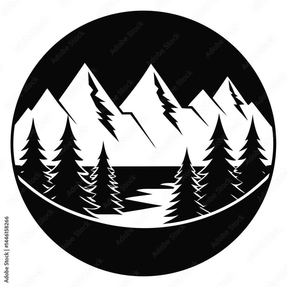 Obraz premium Majestic Mountain Range and River Landscape Black and White Illustration
