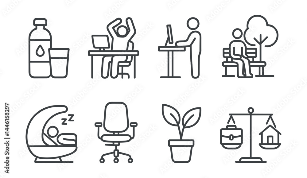 Line style icons of workplace wellbeing: water break, desk stretch, standing desk, wellness break, nap pod, ergonomic chair, nature plant, work-life balance. Line style icons of workplace wellbeing: water break, desk stretch, standing desk, wellness break, nap pod, ergonomic chair, nature plant, work-life balance.