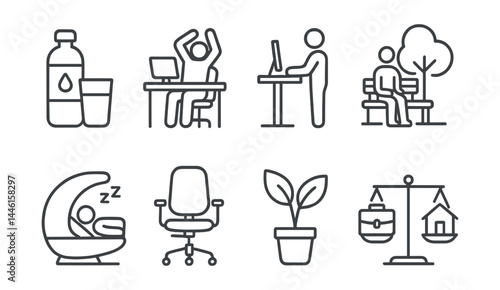 Line style icons of workplace wellbeing: water break, desk stretch, standing desk, wellness break, nap pod, ergonomic chair, nature plant, work-life balance.