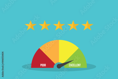 Ratings, five star rating with measuring success gauge scale. Vector illustration.