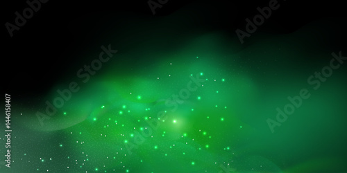 Realistic texture of fantastic smoke background. Green fog with glitter and shimmering glowing particles. 