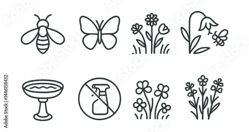 Line style icons of pollinator-friendly garden: bee icon, butterfly symbol, wildflower patch, nectar plant, pollinator bath, no-spray sign, clover lawn, flowering herbs.