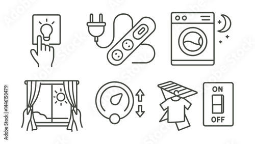 Line style icons of energy habits: lights off hand, unplug icon, power strip, laundry at night, open curtain, temp control, switch label, air dry.