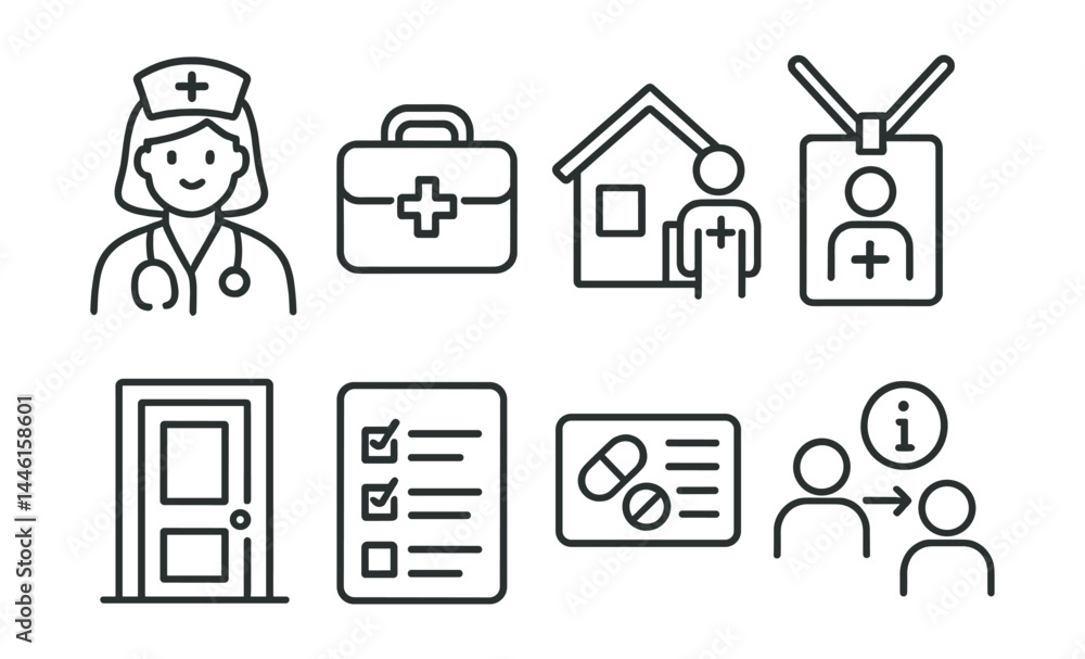 Line style icons of community health workers: field nurse, medical bag, house visit, outreach badge, door icon, checklist form, medicine card, info share. Line style icons of community health workers: field nurse, medical bag, house visit, outreach badge, door icon, checklist form, medicine card, info share.